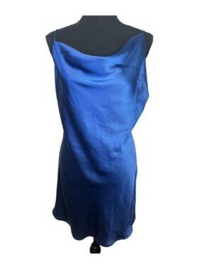 Native Daughters Blue Satin Mini Slip Dress Sz L Cowl Neck Adjustable Straps